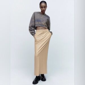 ZARA. Faux Leather Back Slit Midi Skirt. Cream. US S